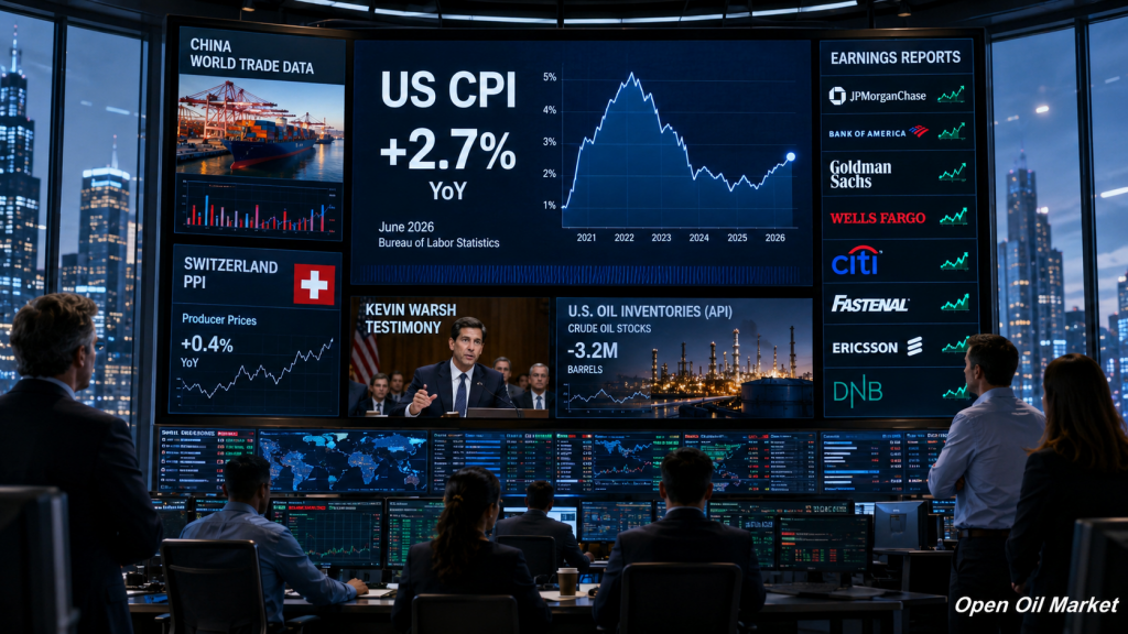Wereldmarkten 14 juli 2026 — CPI VS, statistieken van China, olievoorraden API en rapporten van JPMorgan, Bank of America, Goldman Sachs, Wells Fargo en Citigroup.