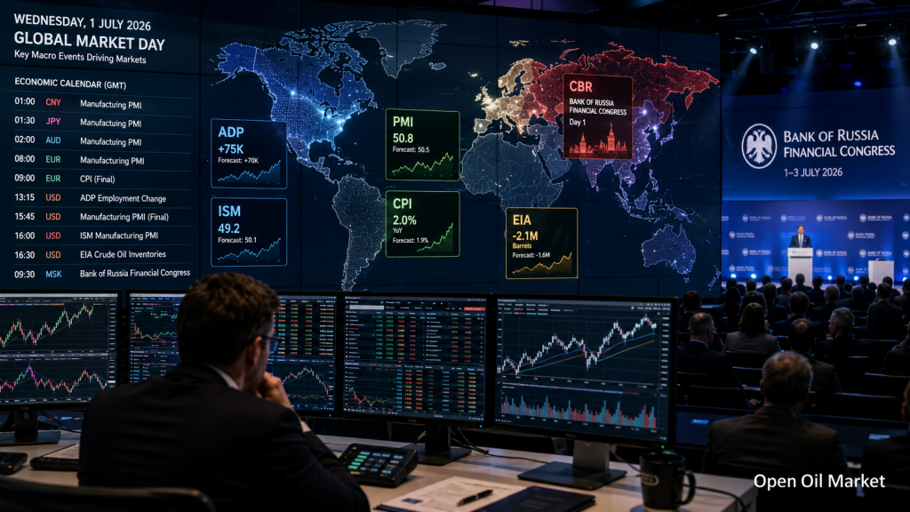 Economische kalender voor investeerders op 1 juli 2026: PMI, inflatie, arbeidsmarkt VS, olie en Centrale Bank van Rusland