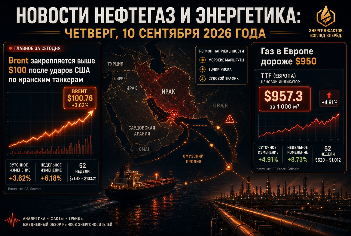 Nieuws olie- en energiesector: donderdag 10 september 2026 — Brent boven $100 na Amerikaanse aanvallen op Iraanse tankers, gas in Europa duurder dan $950