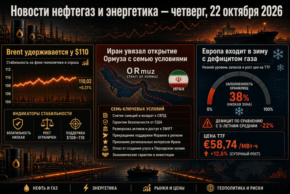 Nieuws olie en gas en energie - donderdag 22 oktober 2026: Brent blijft op $110, Iran heeft de opening van Hormuz aan zeven voorwaarden verbonden, Europa begint de winter met een gas tekort