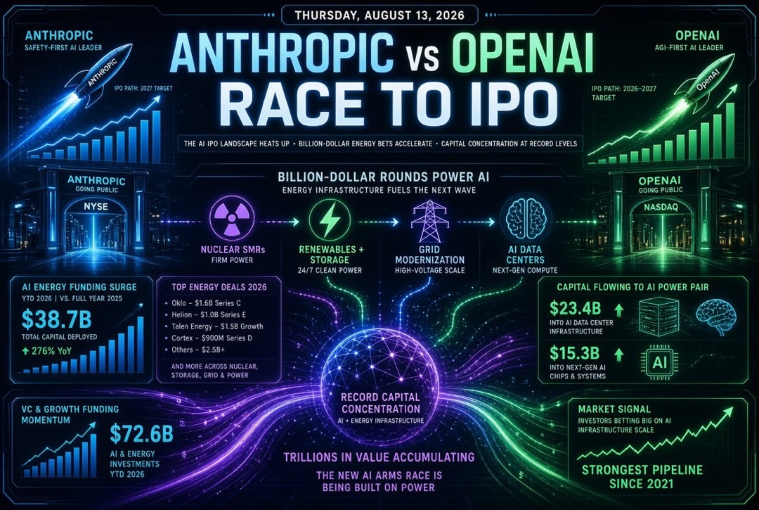 Nieuws over startups en durfkapitaal — donderdag, 13 augustus 2026: de race van Anthropic en OpenAI naar de beurs, miljardencampagnes in energie voor AI en recordkapitaalconcentratie.
