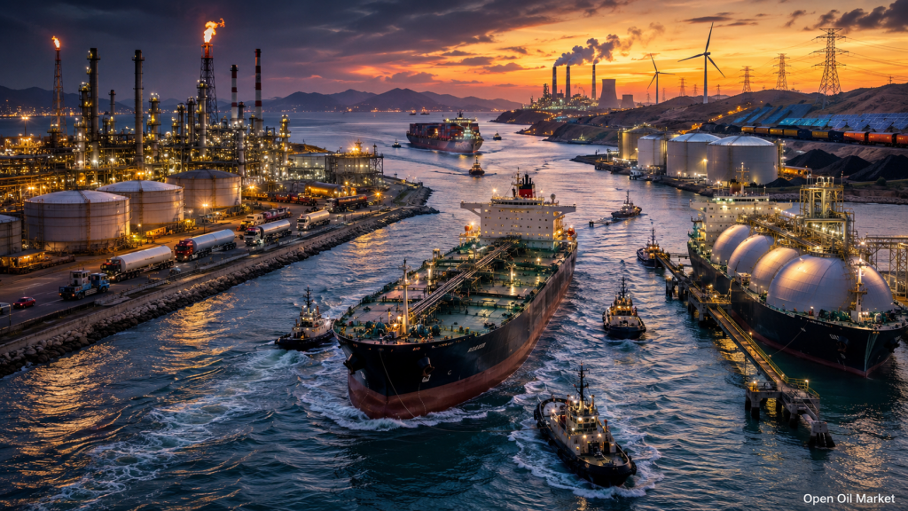 Wereldwijde energie- en grondstoffenmarkt 19 juli 2026: olie tanker, LNG-terminal, raffinaderij, energiecentrales, hernieuwbare energiebronnen en kolenlogistiek.