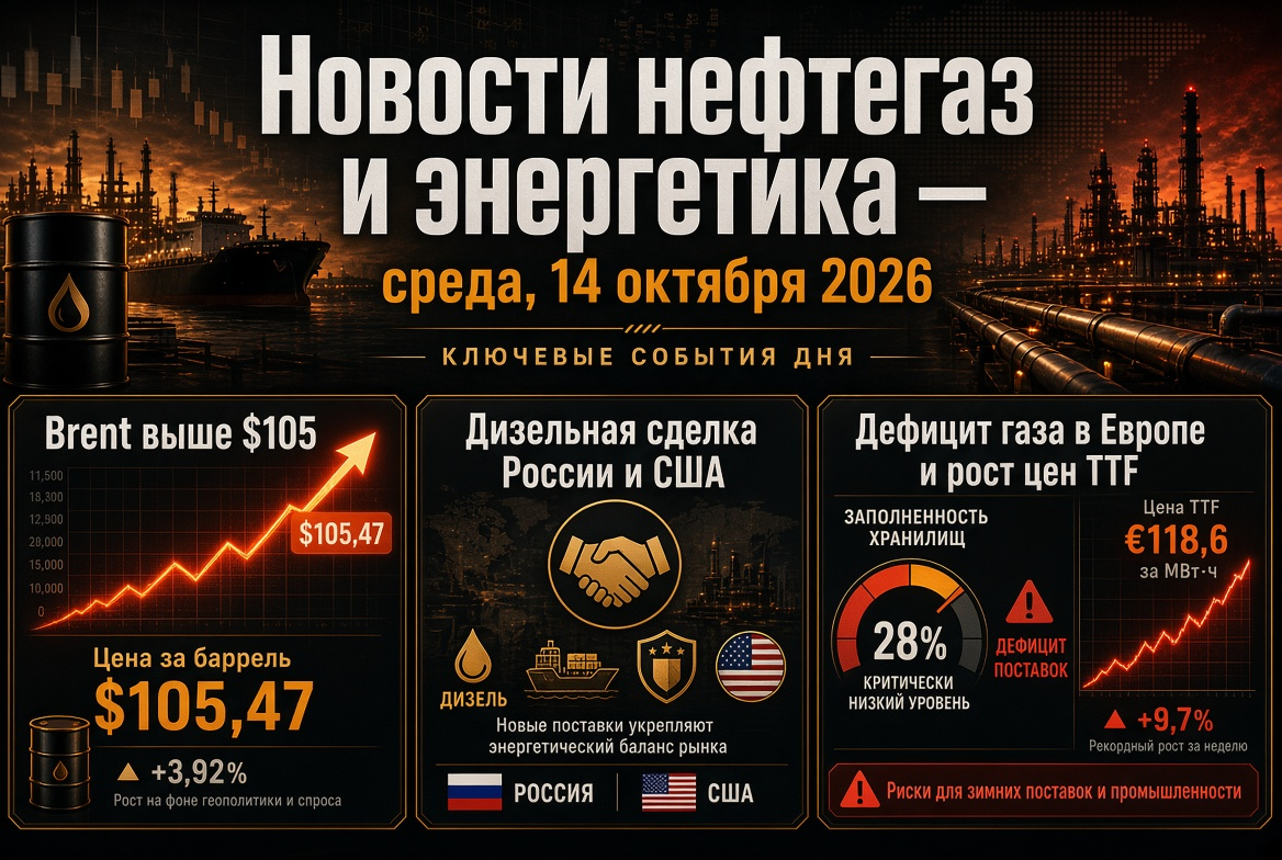 Nieuws olie & gas en energie - woensdag 14 oktober 2026: Brent boven $105, dieseldeal Rusland en VS, gas tekort in Europa.