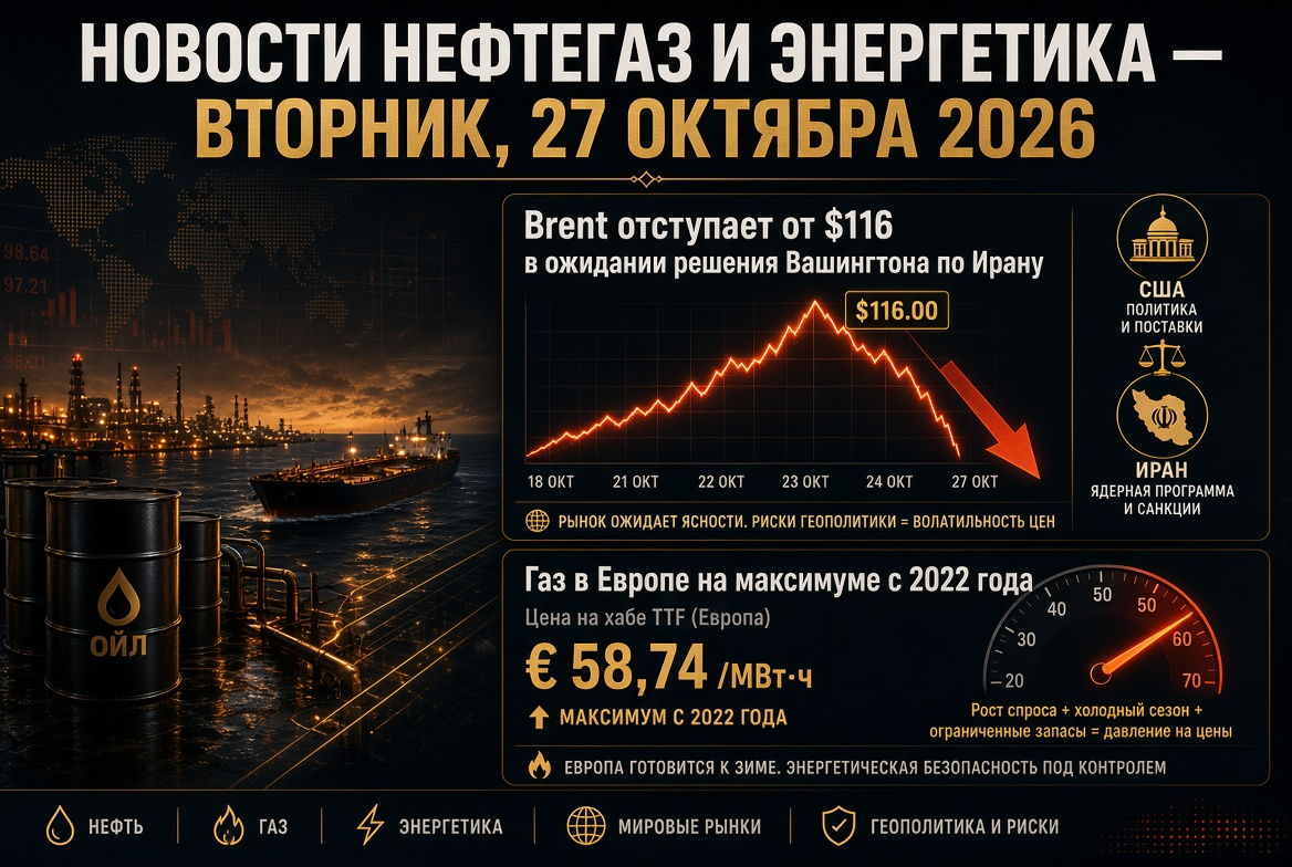 Nieuws olie en gas en energie — dinsdag 27 oktober 2026: Brent daalt onder $116 in afwachting van Washingtons besluit over Iran, gas in Europa op maximaal niveau sinds 2022
