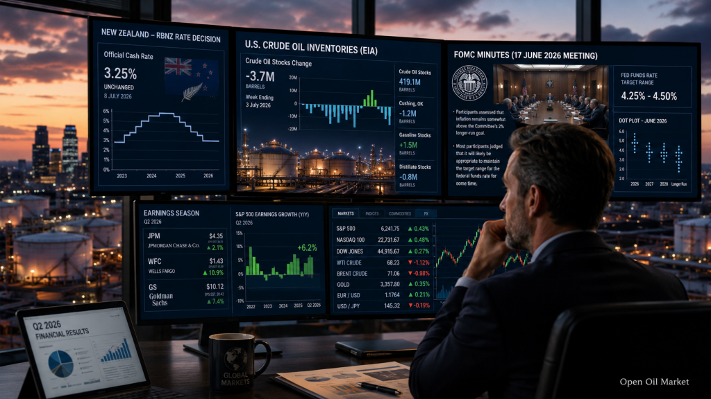Economische gebeurtenissen en bedrijfsrapporten, woensdag 8 juli 2026: RBNZ rente, EIA olievoorraden en FOMC minuten