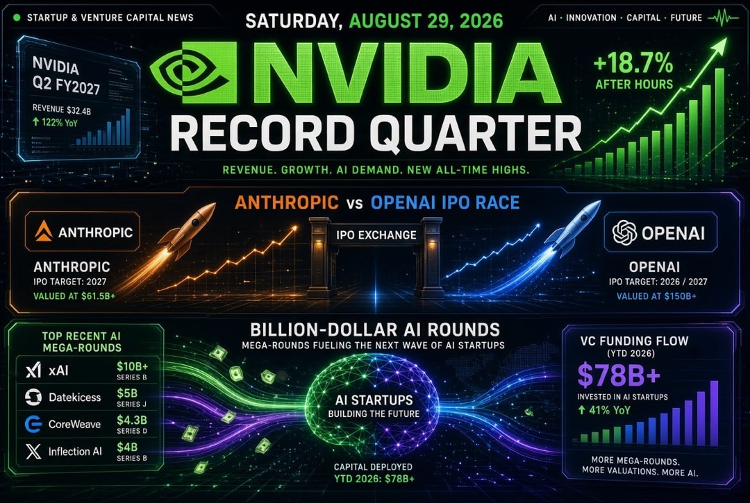 Nieuws over startups en durfkapitaal — zaterdag, 29 augustus 2026: recordkwartaal van Nvidia, IPO-race van Anthropic en OpenAI en miljarden AI-rondes.