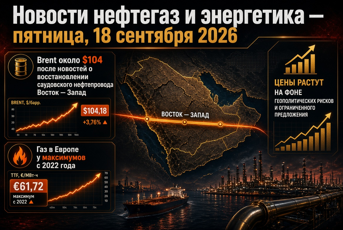 Nieuws olie en gas en energie - vrijdag, 18 september 2026: Brent rond $104 na nieuws over herstel van de Saoedische pijpleiding Oost - West, gas in Europa op de hoogste niveaus sinds 2022.