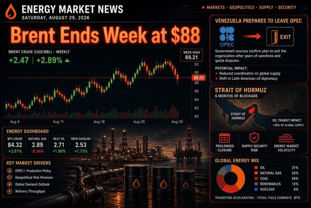 Nieuws olie- en energiesector — zaterdag, 29 augustus 2026: Venezuela bereidt zich voor op vertrek uit OPEC, Brent sluit de week af op $88, zes maanden blokkade van de Straat van Hormuz