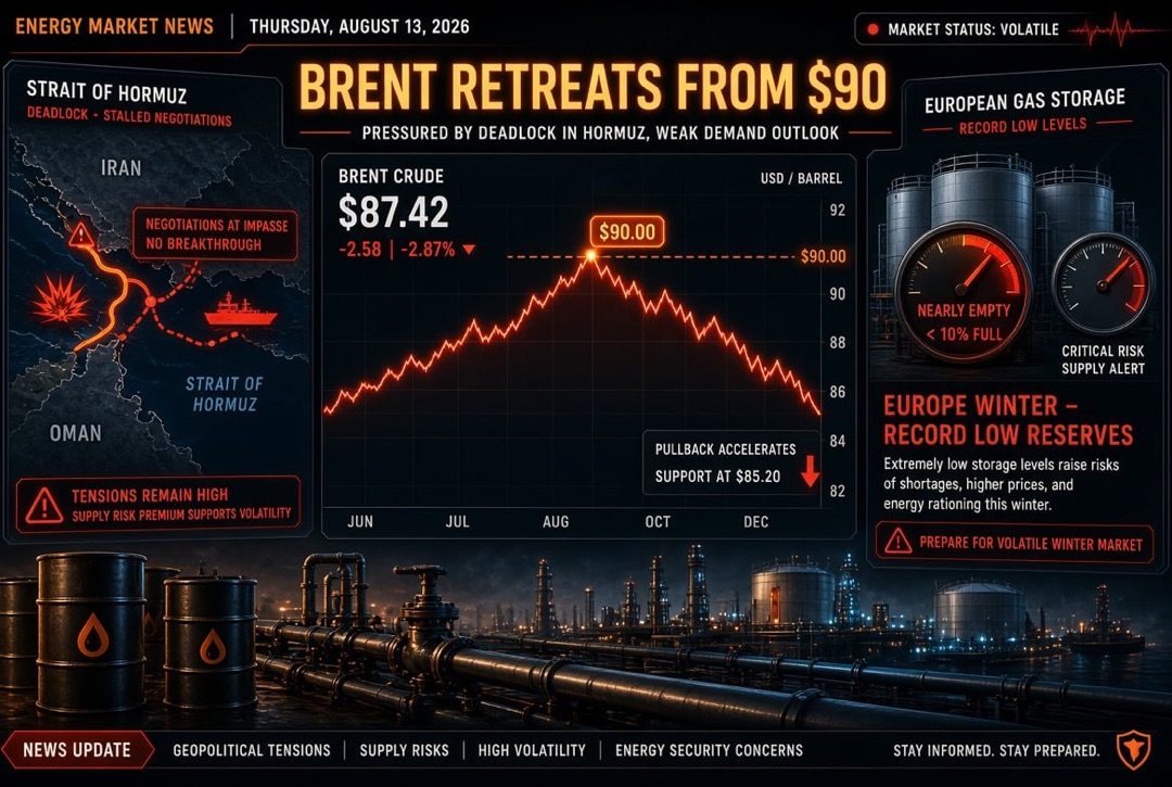 Nieuws olie, gas en energie - donderdag, 13 augustus 2026: Brent trekt zich terug van $90 te midden van een impasse rond de Straat van Hormuz; Europa gaat de winter in met recordlage gasvoorraden.