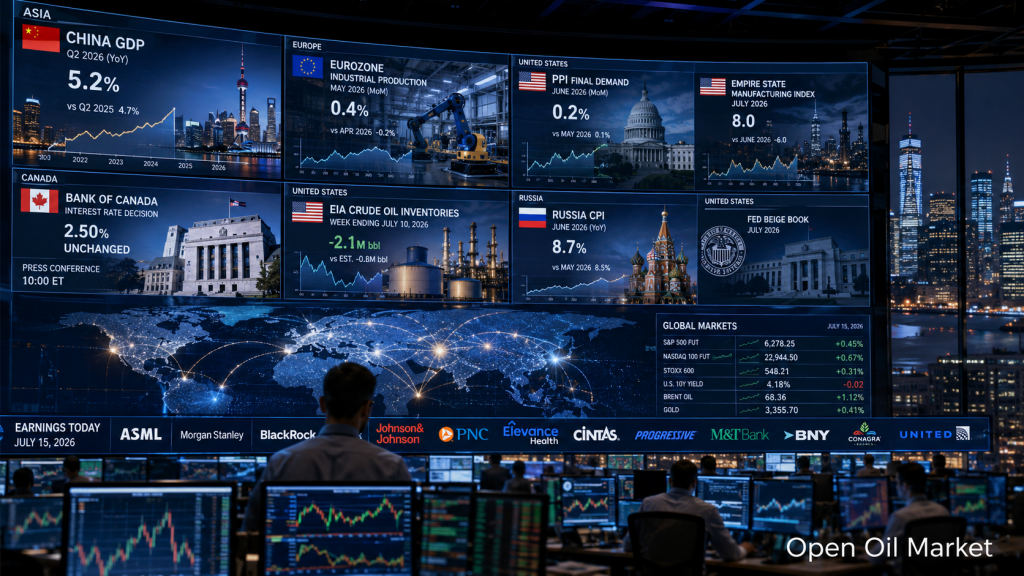 Wereldwijde markten 15 juli 2026: BBP China, PPI VS, Bank van Canada, EIA olievoorraden en rapporten van ASML, Morgan Stanley en BlackRock