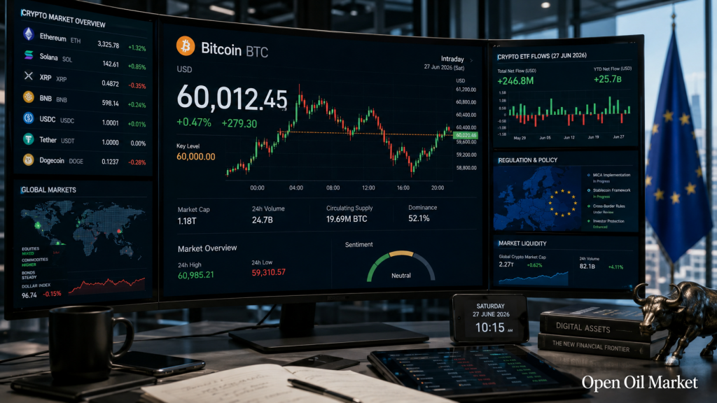 Wereldwijde cryptocurrency-markt 27 juni 2026: Bitcoin, Ethereum, ETF-stromen, stablecoins en MiCA-regulering