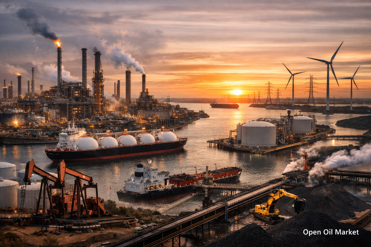 Raffinaderij, LNG-terminal, olietankers en kolenhaven bij zonsondergang — mondiale olie en gasmarkt en energie 18 februari 2026
