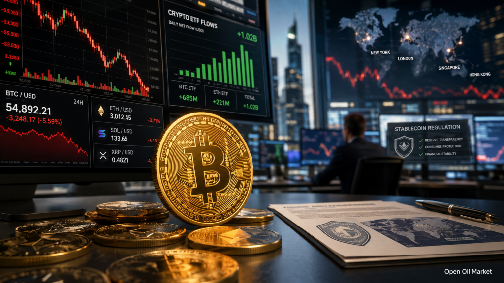 Cryptocurrency markt 9 juli 2026: Bitcoin onder druk, instromen in ETF, Ethereum, Solana, XRP en regulering van stablecoins