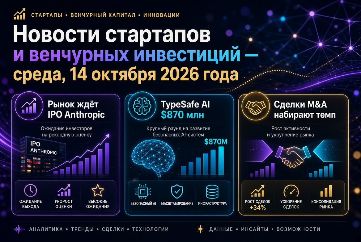 Nieuws over startups en durfkapitaal - woensdag, 14 oktober 2026: de markt wacht op de IPO van Anthropic, TypeSafe AI haalt $870 miljoen binnen, fusies en overnames winnen aan tempo