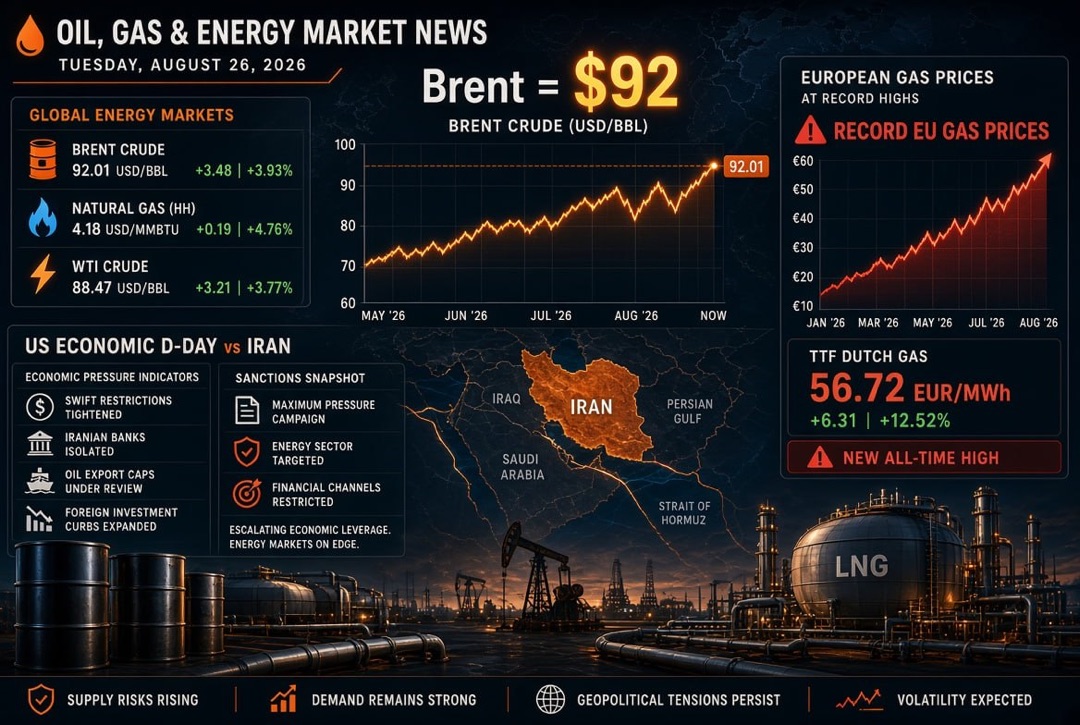 Nieuws olie en gas en energie — dinsdag 26 augustus 2026: "economische D-Day" van de VS tegen Iran, Brent op $92 en recordprijzen voor gas in Europa
