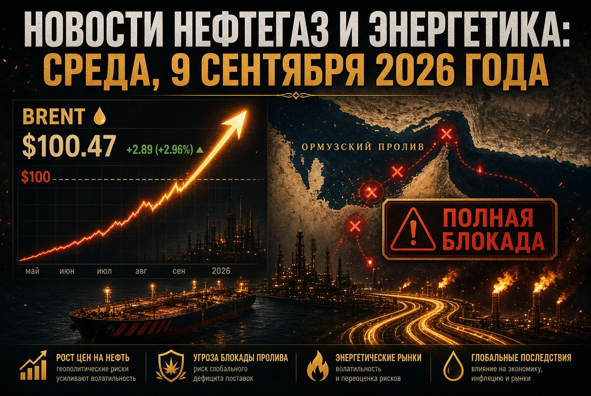 Nieuws olie en energie: woensdag 9 september 2026 - Brent schurmt $100 op achtergrond van dreiging volledige blokkade van de Straat van Hormuz