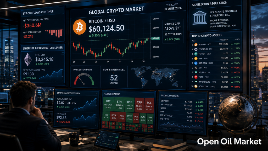 Cryptocurrency Markt 30 juni 2026: Ethereum, Solana, XRP, BNB, USDT, USDC en ETF-uitstromen