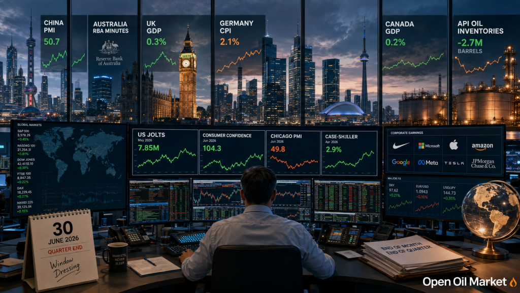 Economische gebeurtenissen en bedrijfsrapporten 30 juni 2026: PMI China, CPI Duitsland, JOLTS VS, Nike-rapporten en API-olievoorraden