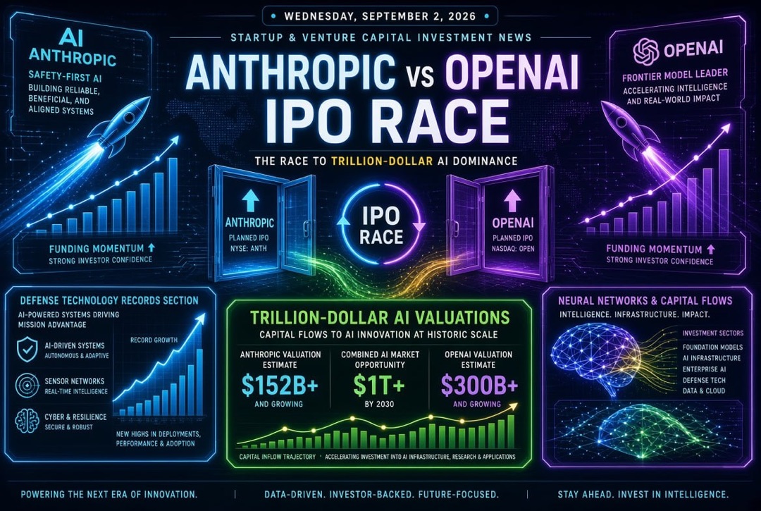 Nieuws over startups en durfkapitaal — woensdag 2 september 2026: de IPO-race tussen Anthropic en OpenAI, biljoenenvaluaties in AI en records in defensietechnologie