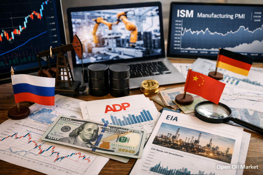 Economische evenementen en bedrijfsrapporten — woensdag 1 april 2026: wereldwijde PMI, ADP VS, detailhandelsverkopen en olievoorraden