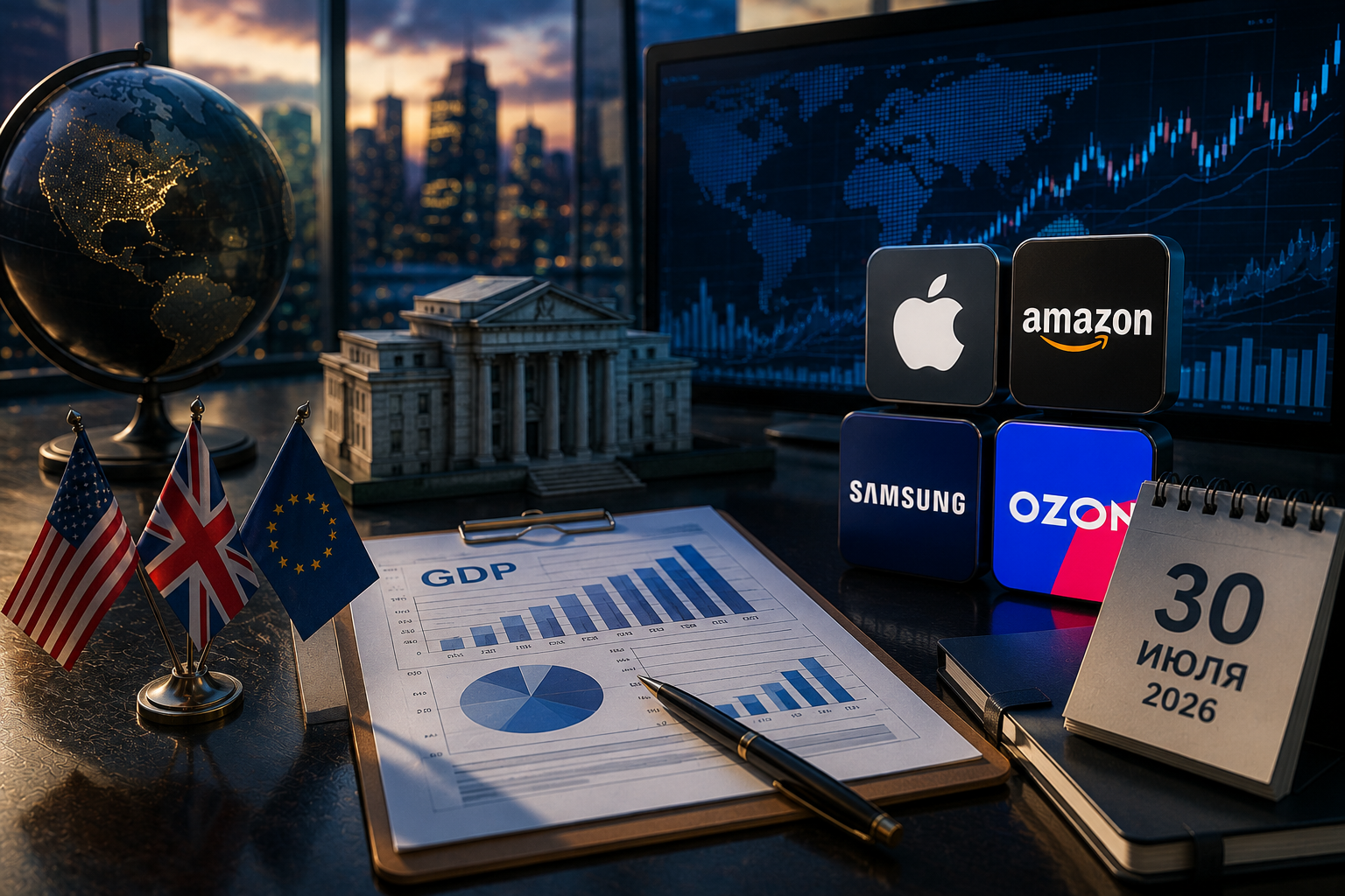 Economische gebeurtenissen en bedrijfsrapportages: donderdag 30 juli 2026 - BBP VS, rente-beslissing van de Bank of England, rapportages van Apple, Amazon, Samsung en Ozon.