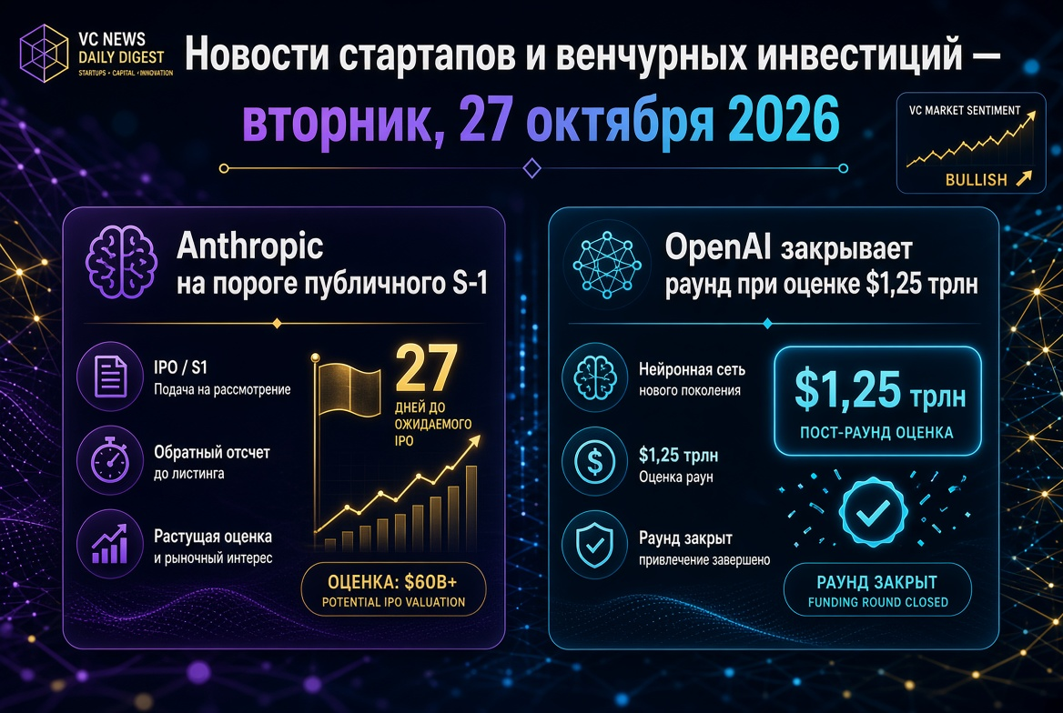 Nieuws over startups en durfkapitaal - dinsdag 27 oktober 2026: Anthropic op de rand van publieke S-1, OpenAI sluit ronde met waardering van $1,25 triljoen