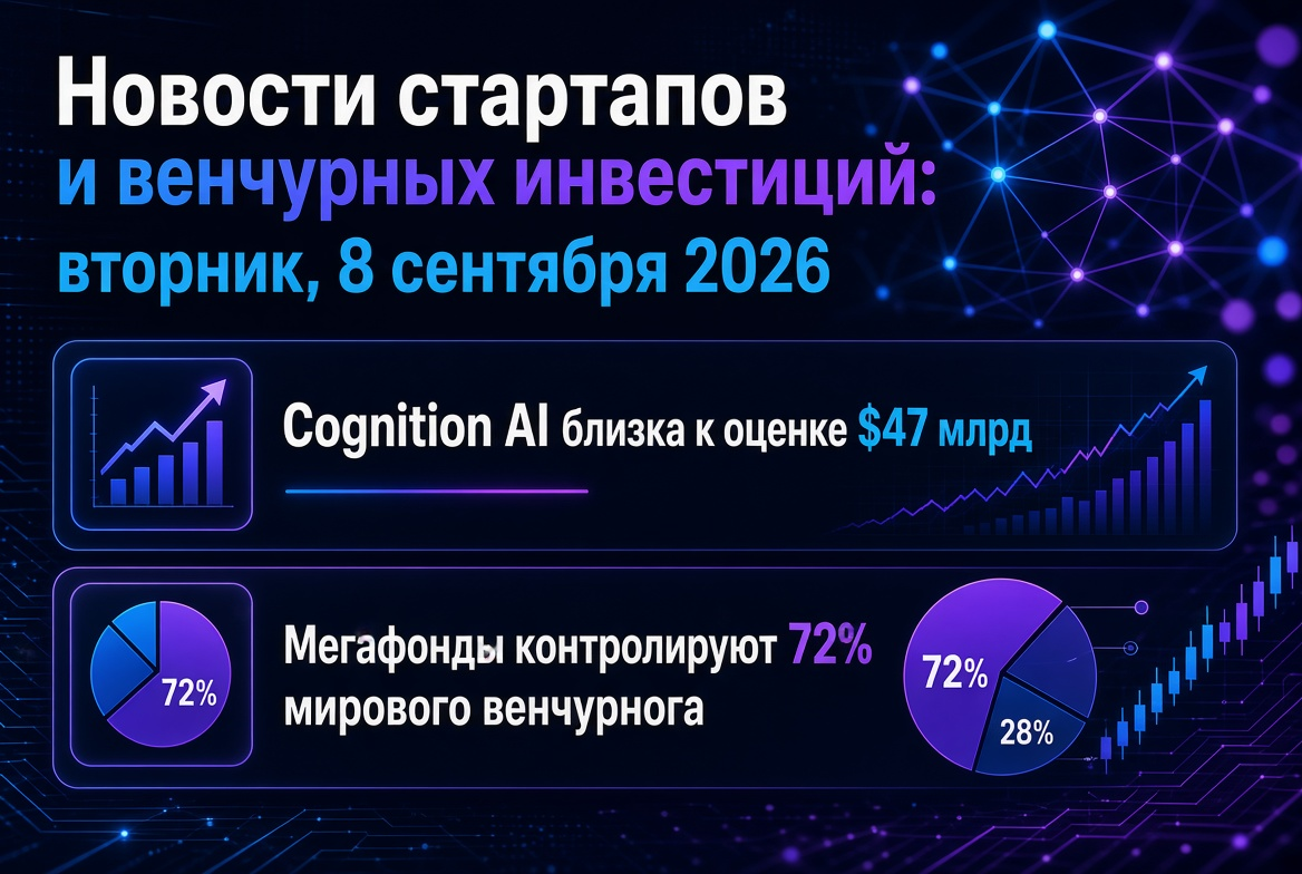 Nieuws over startups en durfkapitalen: dinsdag 8 september 2026 — Cognition AI nadert een waardering van $47 miljard, terwijl megafondsen 72% van de wereldwijde durfkapitaalmarkt controleren.