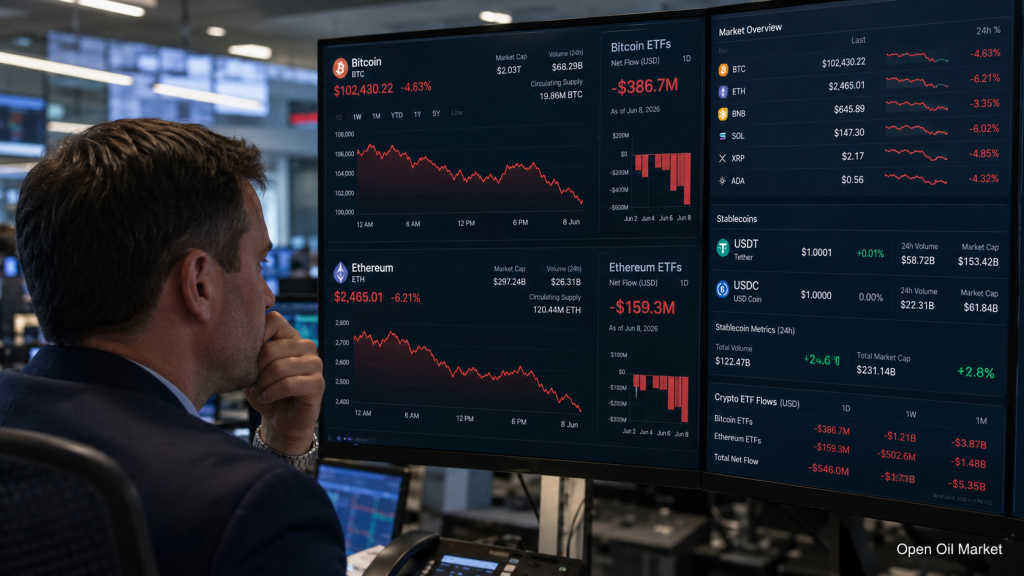 Cryptomarkt 8 juni 2026: Bitcoin onder druk, Ethereum daalt, stablecoins versterken posities