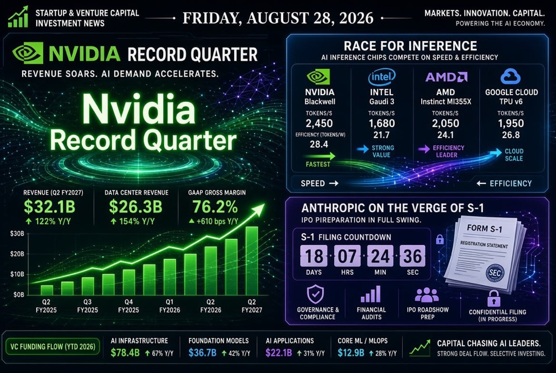 Nieuws over startups en risicokapitaal — vrijdag 28 augustus 2026: recordkwartaal van Nvidia, race voor inferencing en Anthropic op het punt van een publieke S-1.