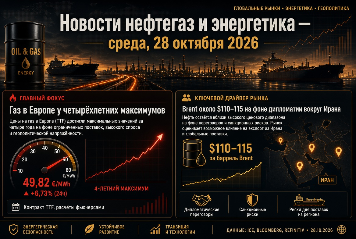 Nieuws olie- en gasindustrie en energie - woensdag 28 oktober 2026: gas in Europa bij vierjarig hoogtepunten, Brent rond $110-115 te midden van diplomatie rondom Iran.