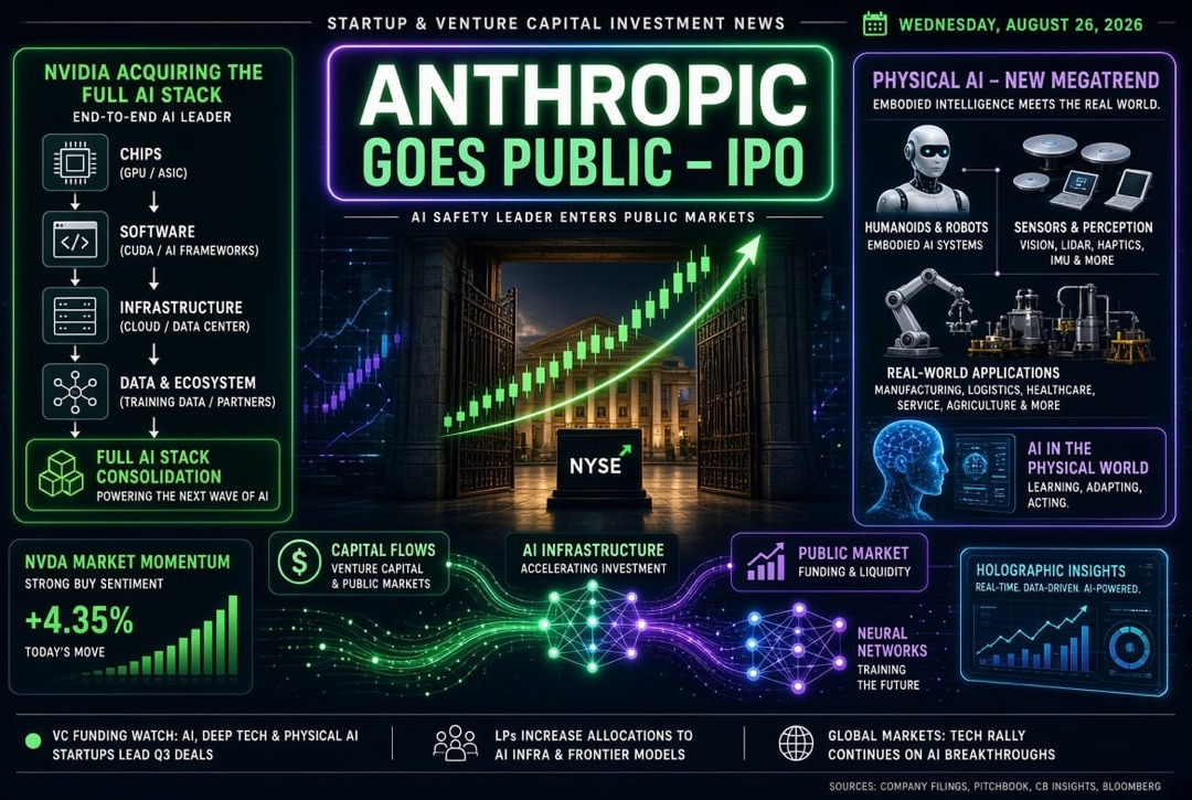 Nieuws over start-ups en venture capital - woensdag 26 augustus 2026: Anthropic gaat naar IPO, Nvidia koopt de volledige AI-stack, en fysieke AI wordt de nieuwe megatrend.