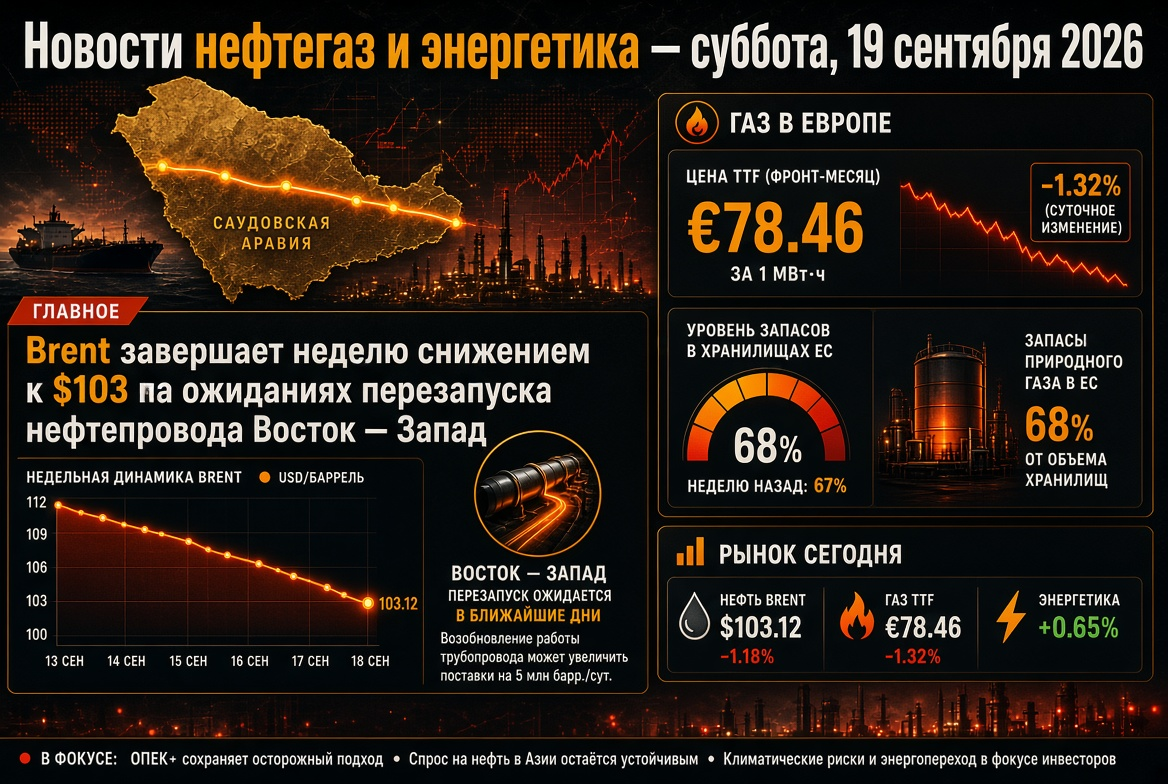 Nieuws olie en gas - zaterdag 19 september 2026: Brent sluit de week af met een daling naar $103 in afwachting van de herstart van de Oost-West-olieleiding, gas in Europa ongeveer €78 bij een voorraadniveau van 68%