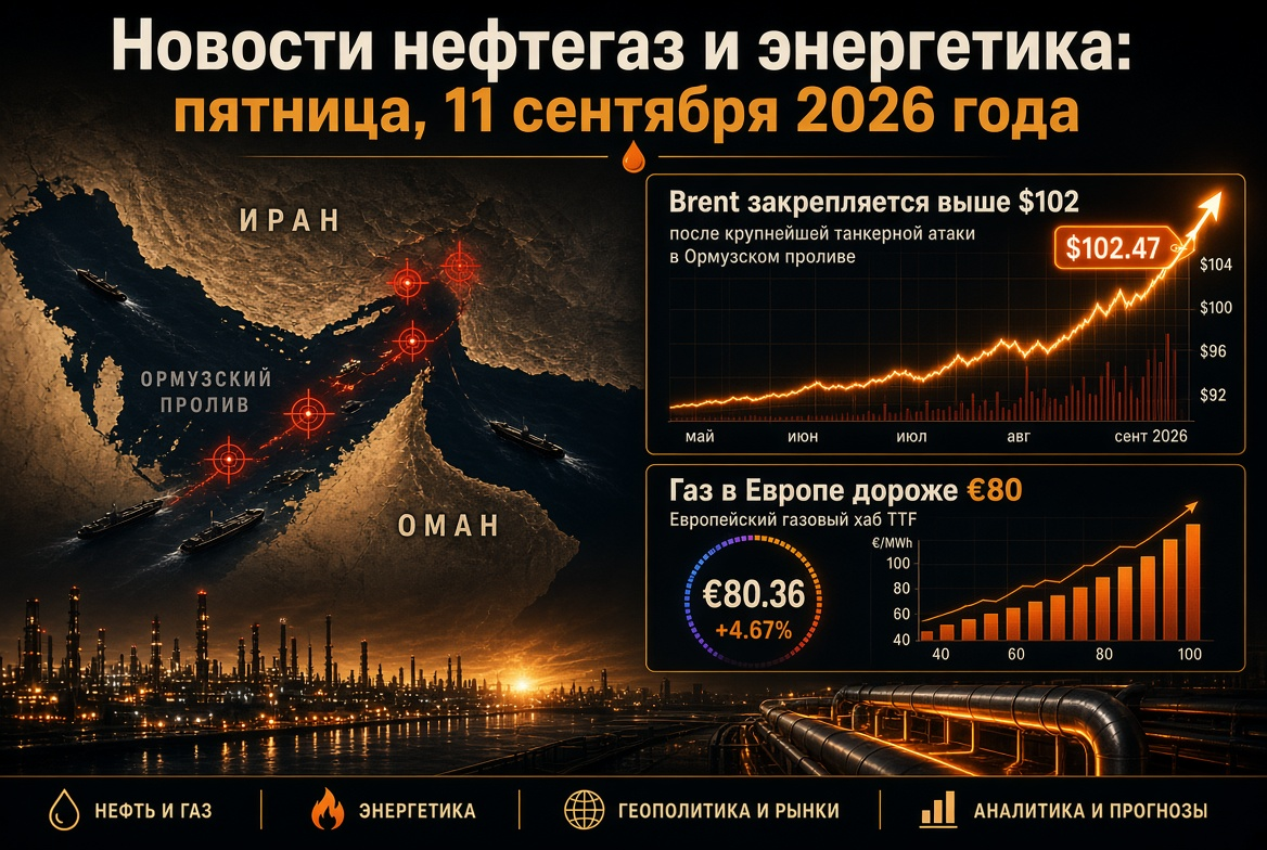 Nieuws olie- en gasindustrie: vrijdag 11 september 2026 — Brent vestigt zich boven $102 na de grootste tankeraanval in de Straat van Hormuz, gas in Europa duurder dan €80.