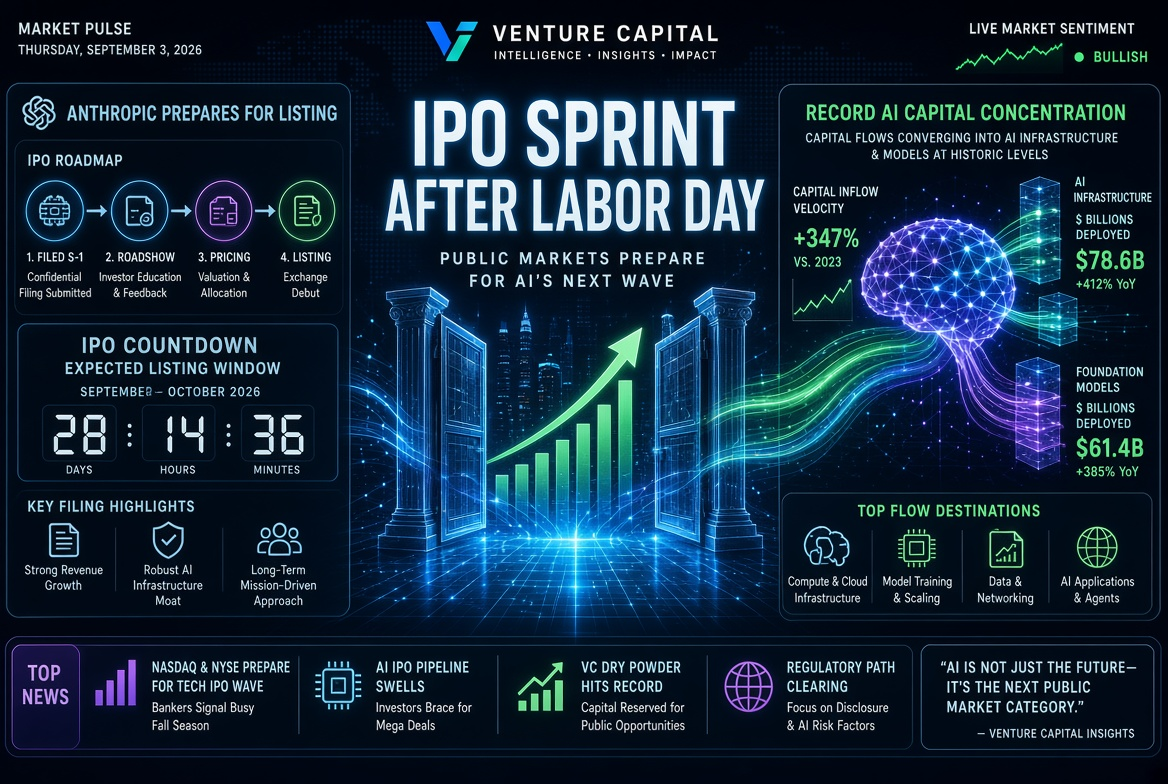 Nieuws over startups en venture capital — donderdag 3 september 2026: IPO-sprint na Labor Day, voorbereiding van Anthropic op beursnotering en recordconcentratie van AI-kapitaal