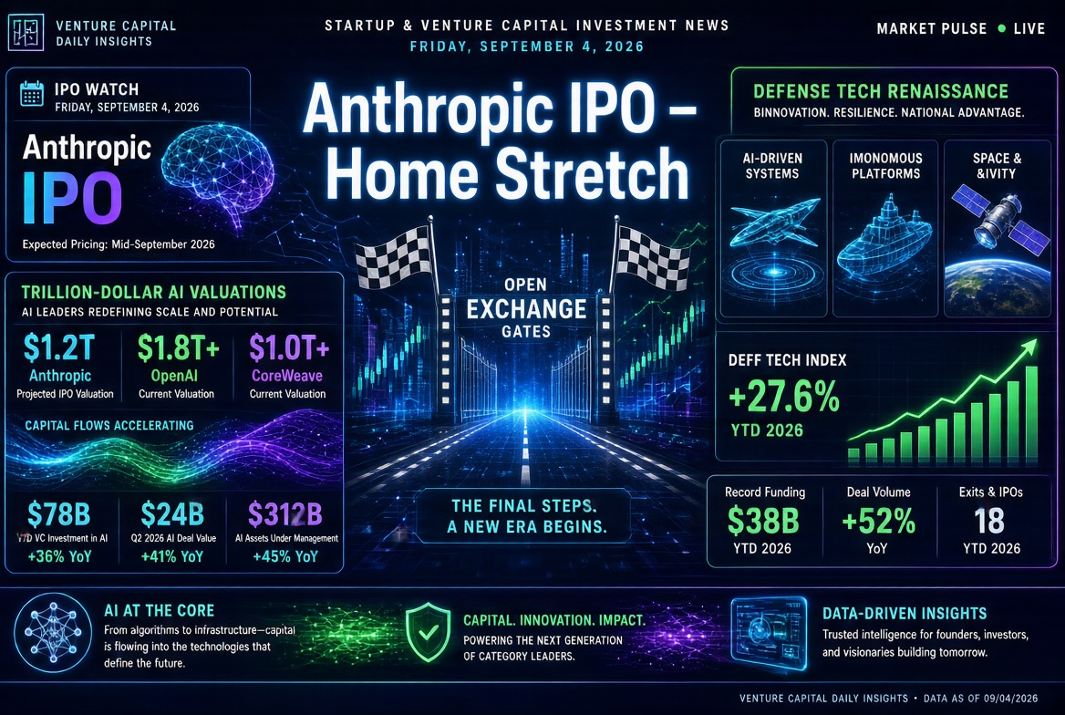 Nieuws over startups en durfkapitaal — vrijdag, 4 september 2026: de laatste fase van IPO Anthropic, triljoenwaarderingen voor AI en de renaissance van defensietechnologieën