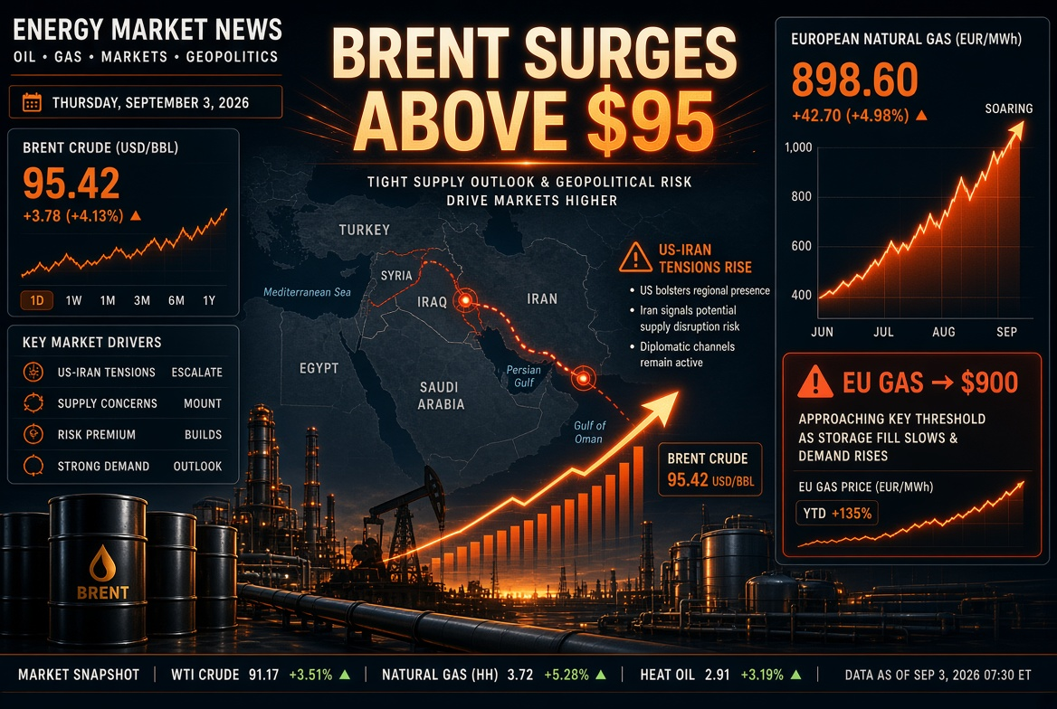 Nieuws over olie en gas - donderdag 3 september 2026: Escalatie tussen de VS en Iran duwt Brent boven $95, gas in Europa duurder naar $900.