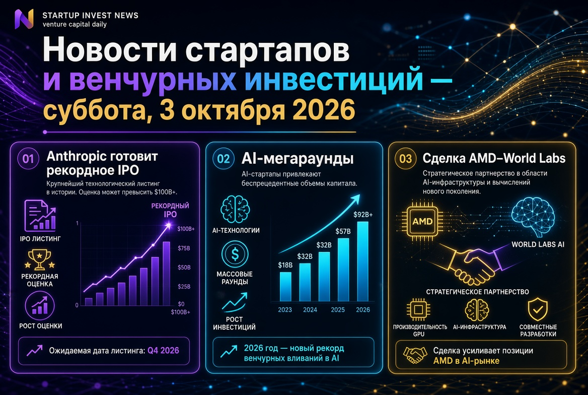 Nieuws over startups en durfkapitaal — zaterdag 3 oktober 2026: Anthropic bereidt een record IPO voor, AI-megarondes en de deal AMD–World Labs