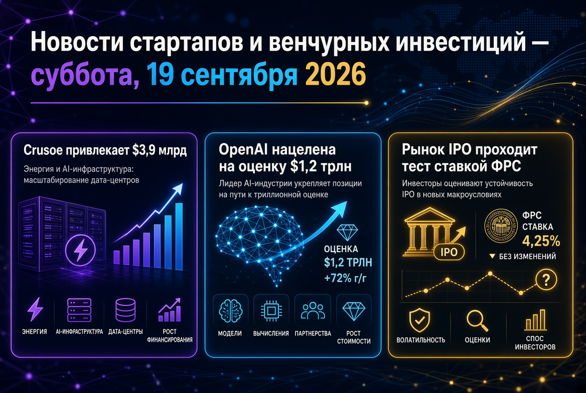Nieuws over startups en venture capital — zaterdag 19 september 2026: Crusoe haalt $3,9 miljard op, OpenAI mikt op waardering van $1,2 biljoen, IPO-markt test door Fed rente