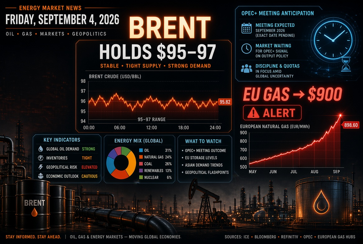 Nieuws over olie en gas en energie - vrijdag 4 september 2026: Brent blijft rond de $95–97 in afwachting van de OPEC+-bijeenkomst, gas in Europa verstijgt naar $900