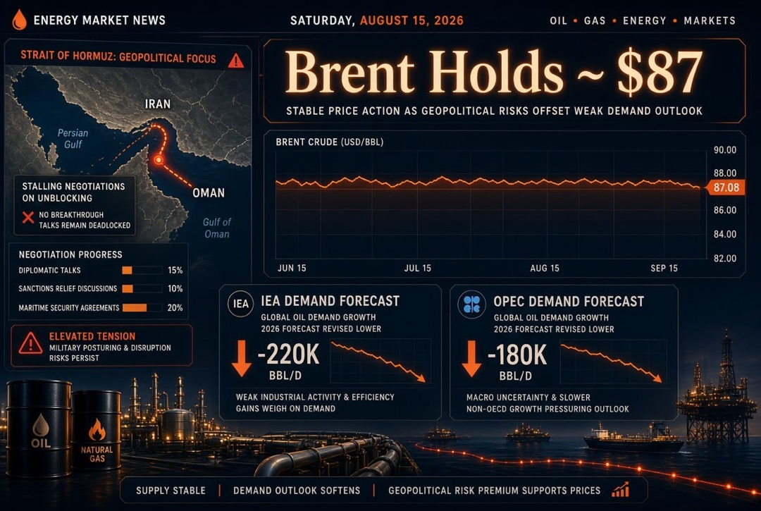 Nieuws olie en gas en energie - zaterdag 15 augustus 2026: Brent blijft rond $87 terwijl onderhandelingen over de vrijgave van de Straat van Hormuz stagneren; IEA en OPEC verlagen vraagprognoses.