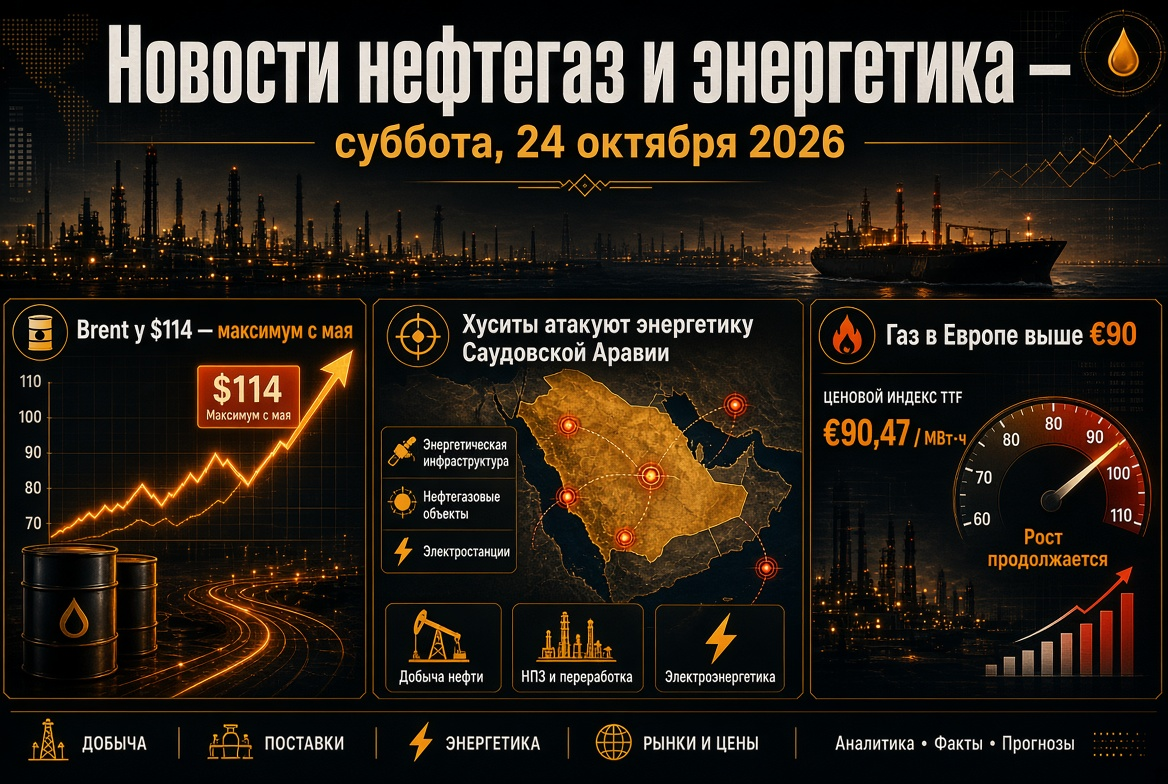 Olie- en gasnieuws en energie - zaterdag 24 oktober 2026: Brent op $114 - hoogtepunt sinds mei, Houthi's vallen de Saoedische energievoorziening aan, gas in Europa boven €90