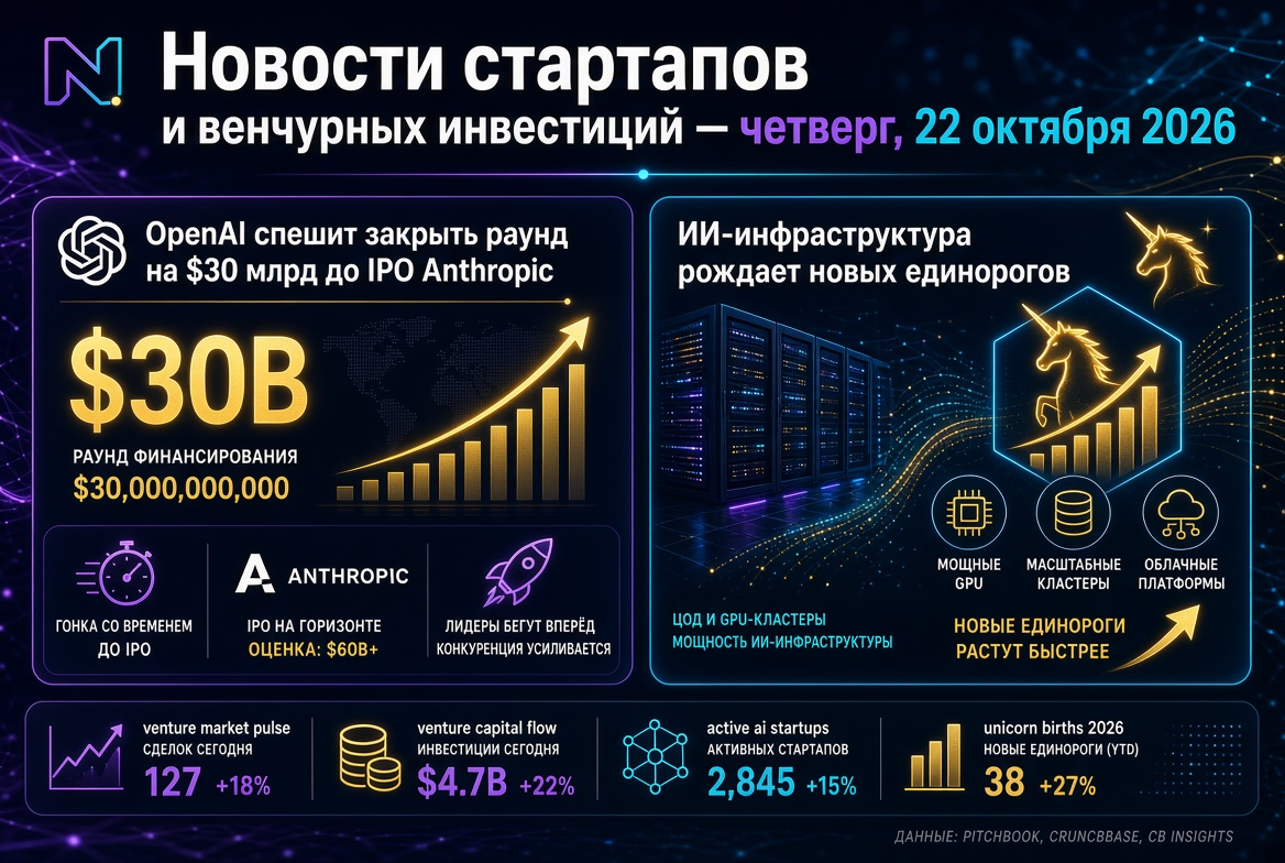 Nieuws over startups en durfkapitaal — donderdag 22 oktober 2026: OpenAI haast zich om een ronde van $30 miljard te sluiten vóór de IPO van Anthropic, terwijl de AI-infrastructuur nieuwe eenhoorns voortbrengt.