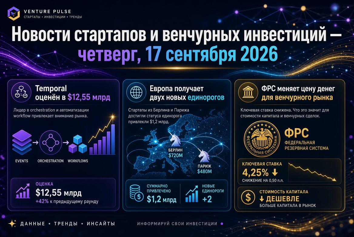Nieuws over startups en risicokapitaal — donderdag 17 september 2026: Temporal gewaardeerd op $12,55 miljard, Europa ontvangt twee nieuwe eenhoorns, en de Federal Reserve verandert de rente voor de risicokapitaalmarkt.