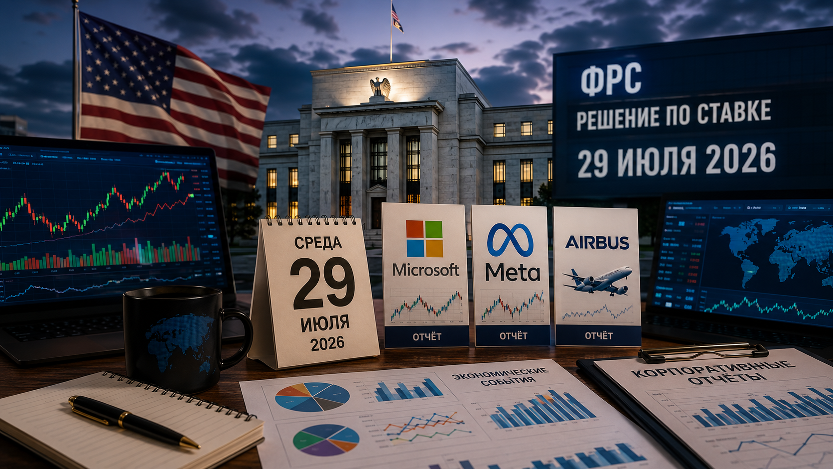 Economische gebeurtenissen en bedrijfsrapporten: woensdag 29 juli 2026 - beslissing van de Fed over de rente, rapporten van Microsoft, Meta en Airbus.