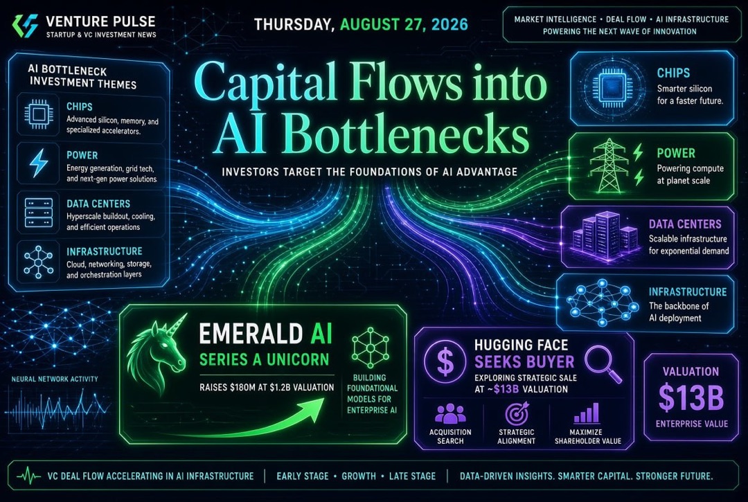 Nieuws over startups en durfkapitaal — donderdag, 27 augustus 2026: kapitaal gaat naar de 'knelpunten' van AI, Emerald AI werd een unicorn in de Series A, en Hugging Face zoekt een koper voor $13 miljard.
