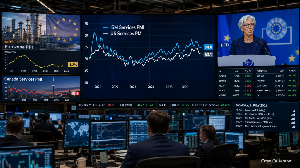 Economische kalender op 6 juli 2026: ISM Services PMI VS, PPI eurozone, PMI Canada, toespraak van ECB-voorzitter Christine Lagarde en de reactie van investeerders.