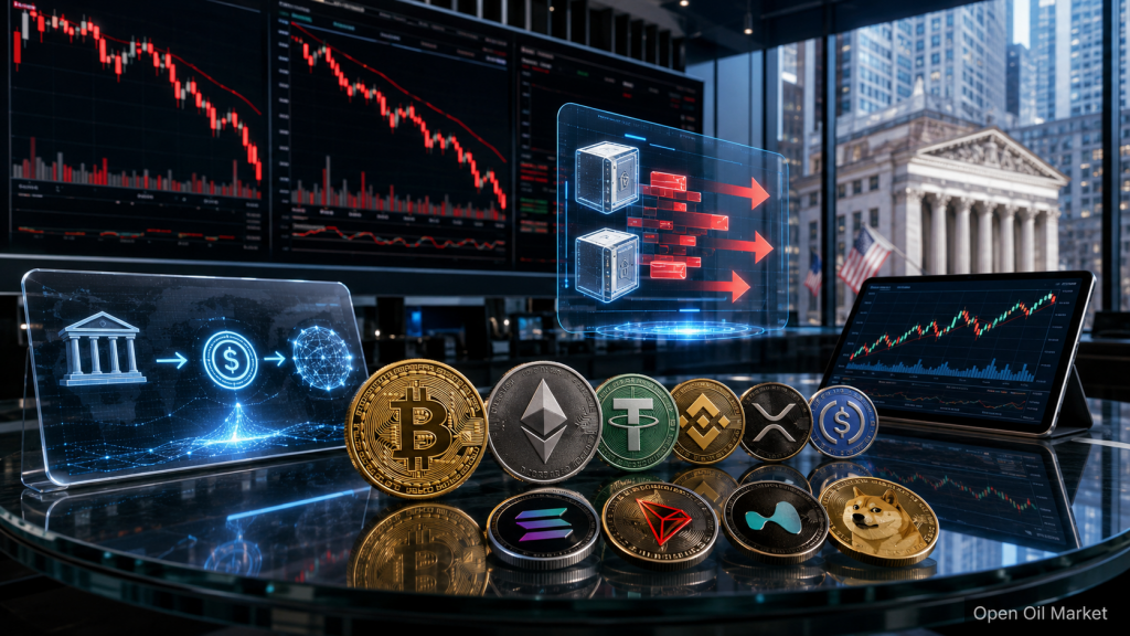 Cryptocurrency Nieuws 1 juni 2026, Bitcoin en Ethereum tegen de achtergrond van handelsgrafieken, ETF-uitstromen, stablecoins en de top 10 cryptocurrencies