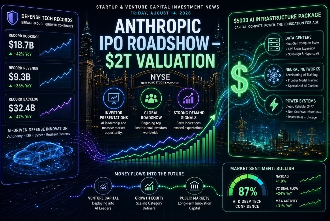 Nieuws over start-ups en durfkapitaal — vrijdag 14 augustus 2026: roadshow IPO Anthropic ter waarde van $2 biljoen, pakket van $500 miljard voor AI-infrastructuur en defensietechnologieën breken records