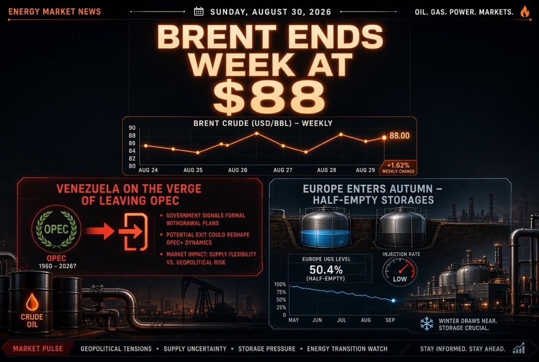 Nieuws olie en gas — zondag, 30 augustus 2026: Venezuela op het punt om OPEC te verlaten, Brent eindigt de week op $88, Europa gaat de herfst in met halflege UGS