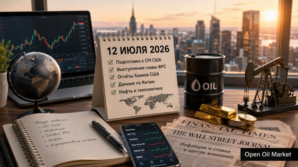 Wereldwijde financiële kalender 12 juli 2026 met CPI VS, bankrapporten, olie en indices zoals S&P 500, Euro Stoxx 50, Nikkei 225 en MOEX